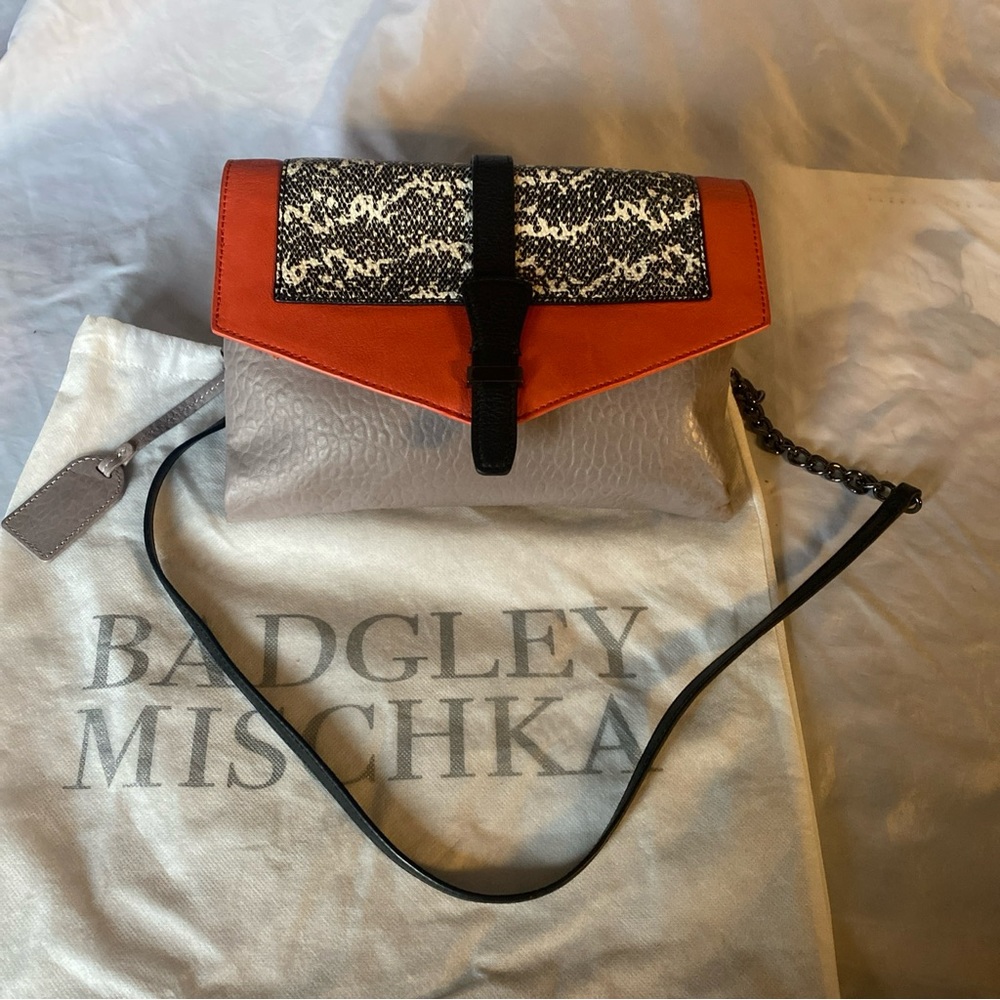BADGLEY MISCHKA Red/Orange Black Gray Leather Handbag Messenger Clutch Crossbody